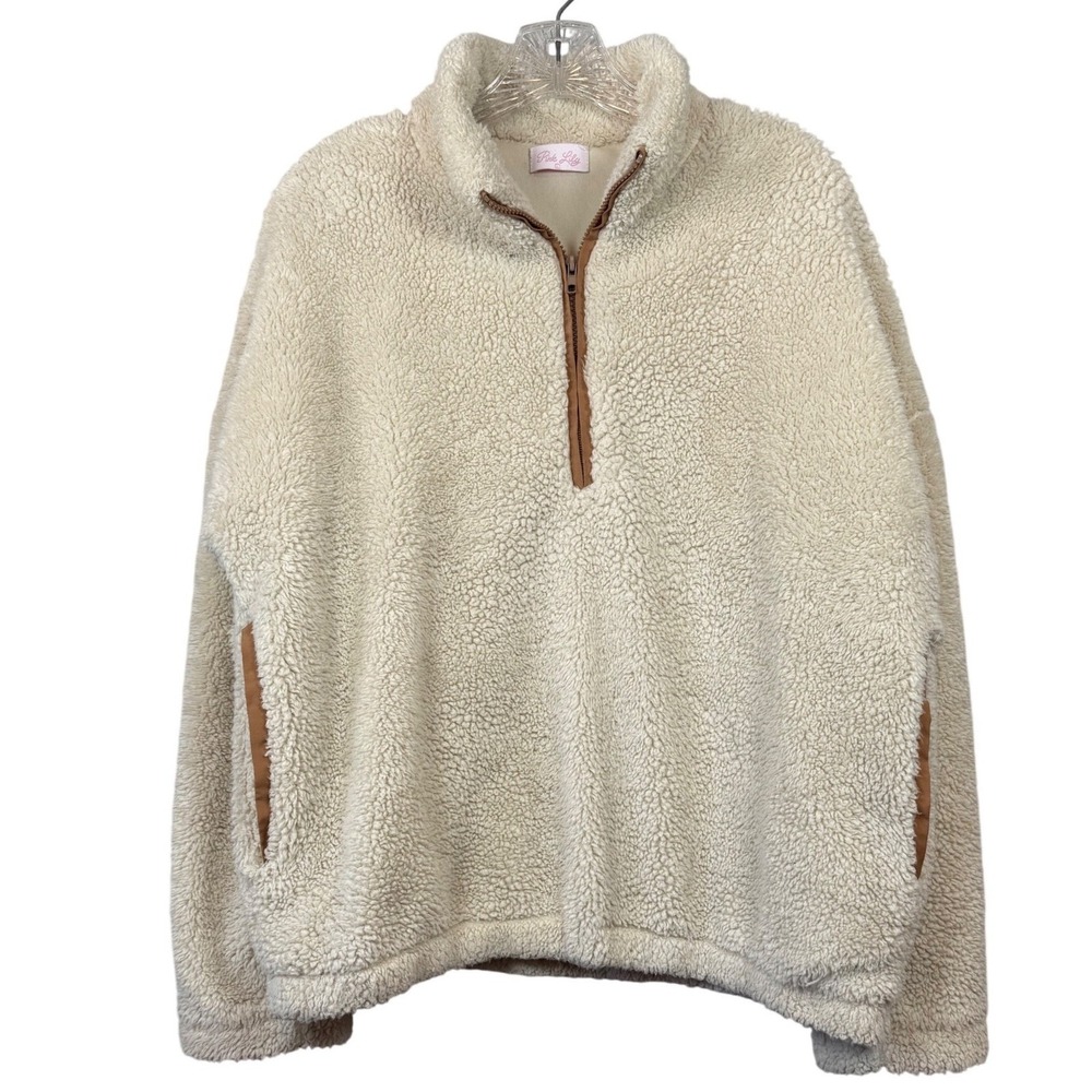 Pink Lily Cream Sherpa Quarter Zip Pullover Fleece Tan Trim PL3518 Womens Large